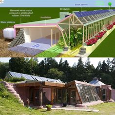 two pictures showing different types of houses in the same area, one with solar panels on it