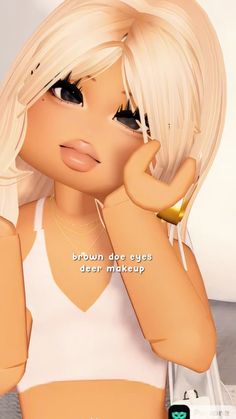 an animated girl with blonde hair and black eyes holding her hand to her face while looking at the camera