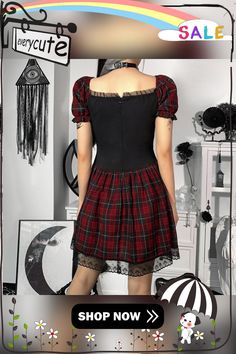 Goth Punk Plaid Pattern A-line Short Sleeve Mini Dress for Womens Clothes Casual Stretch Comfortable Lady Streetwear Gothic Mini Dress For Alternative Fashion, Fitted Punk Style Mini Dress For Cosplay, Punk Style Fitted Mini Dress For Cosplay, Punk Style Party Dress With Short Sleeves, Punk Style Short Sleeve Party Dress, Short Sleeve Punk Party Dresses, Fall Cosplay Mini Length Dress, Grunge Mini Dress For Fall, Gothic Fitted Short Sleeve Mini Dress