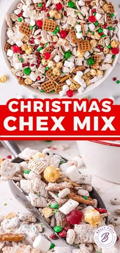 christmas chex mix in a white bowl