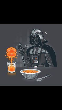 darth vader is eating cereal and drinking orange juice