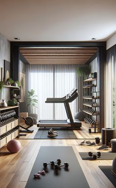 a room with exercise equipment and yoga mats