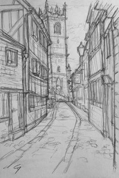 a drawing of a city street with buildings