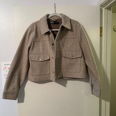 I Saw This Jacket On A Girl And Stopped Her To Ask For It Because I Thought It Was So Cute. Ended Up Not Being My Style, Very Clean And Minimal Style. It’s Pretty Structured So I’d Recommend Sizing Up (This Is An Xl) Beige Collared Utility Jacket For Winter, Winter Collared Cropped Jacket With Pockets, Chic Winter Utility Jacket With Lapel Collar, Chic Utility Jacket With Lapel Collar For Winter, Zara Cropped Jacket With Pockets For Fall, Zara Outerwear With Flap Pockets For Fall, Zara Fall Outerwear With Flap Pockets, Winter Cropped Collared Jacket With Button Closure, Collared Cropped Jacket With Button Closure For Winter