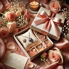 an open gift box with jewelry and flowers on a pink satin surface next to a candle