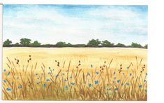 a painting of a field with blue flowers