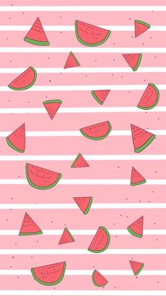 watermelon slices on pink and white striped background with green lines in the middle