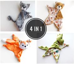 four different styles of stuffed animals with the words 4 in 1 written below them,