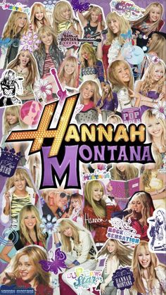 the poster for hannah montana is shown in purple and pink colors, with many pictures of her