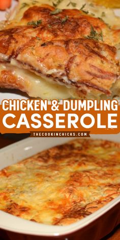 chicken and dumpling casserole with text overlay