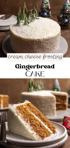 a cake that is sitting on a plate with the words, cream cheese frosting gingerbread cake