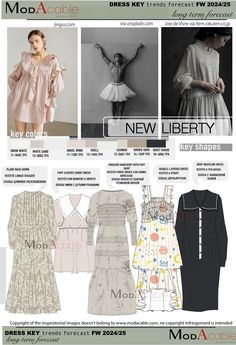 FW24.25 dress trend New Liberty - ModaCable Fw 2024, Fashion Trend Board, Fashion Trend Forecast, Fashion Silhouette, Fashion Forecasting, Fashion Themes, Winter Trends, Trend Forecasting, Trending Dresses