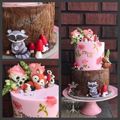 there are three different cakes decorated with animals on the top and bottom one is pink