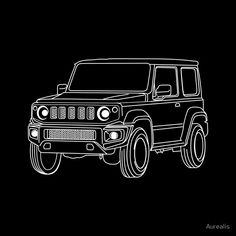 a black and white drawing of a jeep on a dark background with the headlights turned down