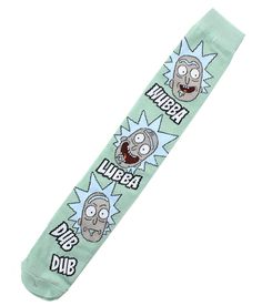 a green socks with cartoon characters on the front and bottom, that says bubba dub