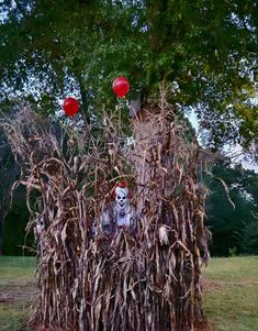 a scarecrow in a corn field with red balloons