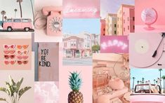 pink collage with pineapples, palm trees and other things