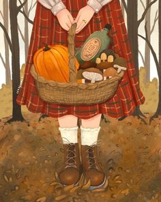 a painting of a girl holding a basket filled with pumpkins and other autumn items