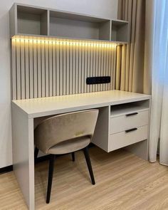 a white desk with a chair underneath it