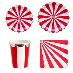 red and white striped paper plates, napkins, and cup on a white background