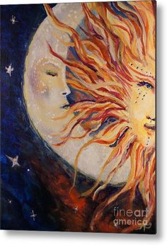 a painting of a woman's face with sun and moon in the background metal print