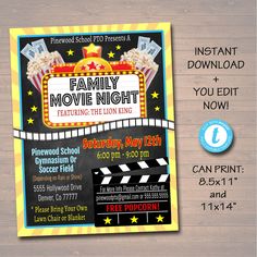 this is an image of a family movie night flyer template for your child's birthday party