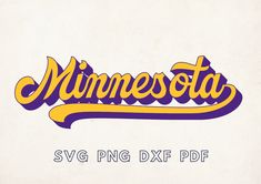 the minnesota state logo is shown in yellow and purple on a white background with black lettering