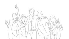 a line drawing of people standing together and raising their hands in the air with one hand up