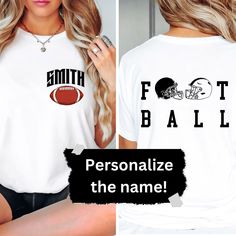 Cheer On Your Team in Style with a Custom Football Shirt for Mom! Show your football mom pride with our custom-designed Football Mom Shirt, perfect for game days and beyond. This shirt is not only stylish and comfortable but also fully customizable--add your name or your player's name to the front for a personal touch that makes it truly unique. With a bold football graphic and a design tailored just for you, this shirt is the ultimate way to support your team in style.  5-STAR REVIEWS  SATISFAC Customizable T-shirt For Football Season, Football Season Sublimation Design T-shirt For Sports Events, Sports Fan Sublimation Design For Football Season, White Sublimation Design With Name Print For Game Day, Custom Print T-shirt For Football Season Team Events, Football Season Fan Apparel Tops With Custom Print, Collegiate Customizable T-shirt For Football Season, Customizable College Sports Fan T-shirt, College Football Season Custom Print Tops