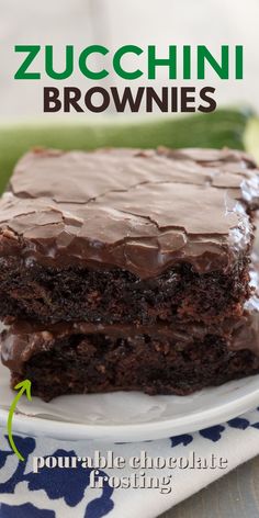 chocolate zucchini brownies on a plate with the title in green above it