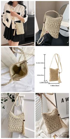 four pictures showing different types of purses with handles, straps and shoulder strapes