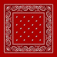 a red bandanna with white paisley designs on the edges and an intricate design in the middle