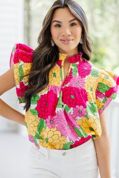 This colorful floral blouse is sure to make you stand out from the crowd! With its vibrant color palette and smocked detailing, this blouse is the perfect way to express your unique style and let your personality shine. 
V-neckline
Ruffled detailing
Cap sleeves
Floral print
No stretch
Cindy is wearing the small. Vibrant Color Palette, Pink Floral Blouse, Cute Spring Outfits, Mint Julep Boutique, Casual Work Outfits, Model Fits, Navy Pink, Pink Print, Floral Blouse