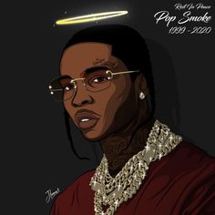 a drawing of a man with glasses on his head and gold chains around his neck