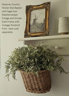 there is a basket with some plants in it on the wall next to a shelf