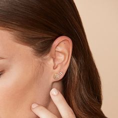 When your ear stack needs something a little different look no further than the Ava Bea X Single Stud. This stud sparkles with .11ctw of round white diamonds set in 14k gold. Dainty yet edgy, this gold and diamond stud earring is already on the wishlist of everyone at the Dana Rebecca Designs office. Wear it alone as a minimalistic stud earring, or stack it for an ear game to rival royalty. Available in 14k white, yellow, and rose gold, the Ava Bea X Single Stud features a post and friction back Rose Gold Pave Diamond Earrings In Sterling Silver, Rose Gold Sterling Silver Diamond Earrings With Pave Setting, Dainty Rose Gold Earrings With Single Cut Diamonds, Fine Jewelry Cluster Earrings With Pave Setting As Gift, Rose Gold Cubic Zirconia Diamond Earrings With Pave Setting, Rose Gold Diamond Earrings With Pave Setting, Diamond Stud Earring, Dana Rebecca Designs, Kids Bracelets