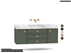 a bathroom vanity with marble top and two faucets on the sink, all in different colors