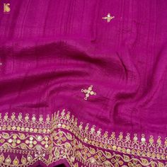 Category - Pure Tussar Silk Saree Khinkhwab brings you an exclusive Khaas-e-khinkhwab range that will make you fall in love with it. Fabric - Pure Tussar Silk Craft -Hand Embroidery Color – Purple Blouse – Plain with border Length – Saree 5.5 meters and Blouse 1 meter Note- There may be slight color variations due to photographic reasons. This is a hand-woven product, and any irregularities in the weaving or pattern should not be considered a defect. These irregularities make every handloom piec Hand Embroidery Saree, Pure Tussar Silk Saree, Saree Borders, Zardosi Embroidery, Gotta Patti, Saree Border, Plain Blouse, On The Border, Embroidery Saree