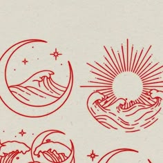 red ink on white paper depicting the four elements of an earth and moon cycle, with stars in the background