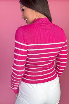 What's better than being cozy and chic at the same time? Our That Reminds Me Black Striped Sweater! This luxuriously soft sweater features a high neck and plenty of stretch, so you can feel comfy and look fab! Step up your sweater game with something extra special today. You won't regret it! Fit: She is wearing her true size medium. Fits true to size. If in between sizes, size up Alexis wears: Denim: Size 7/27 Dresses: Medium Tops: Medium Bottoms: Medium Height: 5 ft, 4 in Trendy Spring Knit Turtleneck, Trendy Soft Knit Turtleneck, Trendy Soft Knit Tops With Funnel Neck, Trendy Soft Knit Funnel Neck Top, Trendy Stretch Sweater With Funnel Neck, Trendy Funnel Neck Stretch Sweater, Trendy Funnel Neck Mock Neck Top For Winter, Spring Cozy Ribbed Turtleneck, Pink Striped Sweater