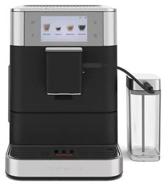 an espresso machine is shown with its glass container and the coffee maker in front