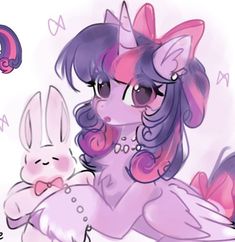 a drawing of a pink pony holding a white rabbit in her lap with the word q on it's chest