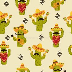 seamless pattern with mexican cactus and sombrero stock illustration