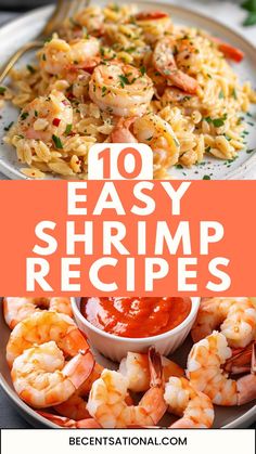 shrimp and pasta on a plate with text overlay that reads 10 easy shrimp recipes