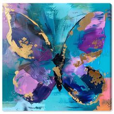 a butterfly painted in blue, purple and gold