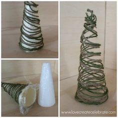 three different pictures of christmas trees made from twine and rope, one with a cone on top