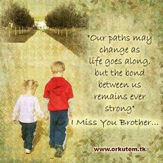 two little boys walking down a path with a quote from miss you brother on it