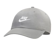 65% polyester and 35% cotton fabric upper, Adjustable back strap for a secure fit, Sweatband for added comfort, Curved bill cap design,2 1/2 inch bill, Nike branding details, One size fits most | Nike US Futura Washed Baseball Cap in M Grey/White Wash Baseball Cap, Nike Branding, Nike Brand, Shoe Carnival, Cap Design, Back Strap, Nike Sportswear, Nike Logo, Grey And White