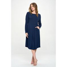 Elevate your style with effortless elegance and comfort. Our Charlee dress features all-around waist pleats that add a touch of sophistication and create a flattering silhouette. The lightweight material drapes beautifully, ensuring a graceful flow with every movement. Weather you're attending a casual gathering or a more formal occasion, this dress is versatile enough to suit various settings. The long sleeves provides added coverage. A perfect balance between chic and modest. Made in USA. Mate Effortless Elegance, Dress With Pockets, Formal Occasion, Dark Navy, Knit Dress, Jumpsuit Dress, Made In Usa, Dress Outfits, A Line