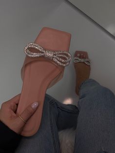 Sizing: true to size - Open toe - Embellished bow design - Approx. 1" heel Fancy Sandals, Single Sole Heels, Shoe Model, Pretty Sandals, Preppy Shoes, Embellished Flats, Elegant Sandals, Rhinestone Flats, Classy Shoes